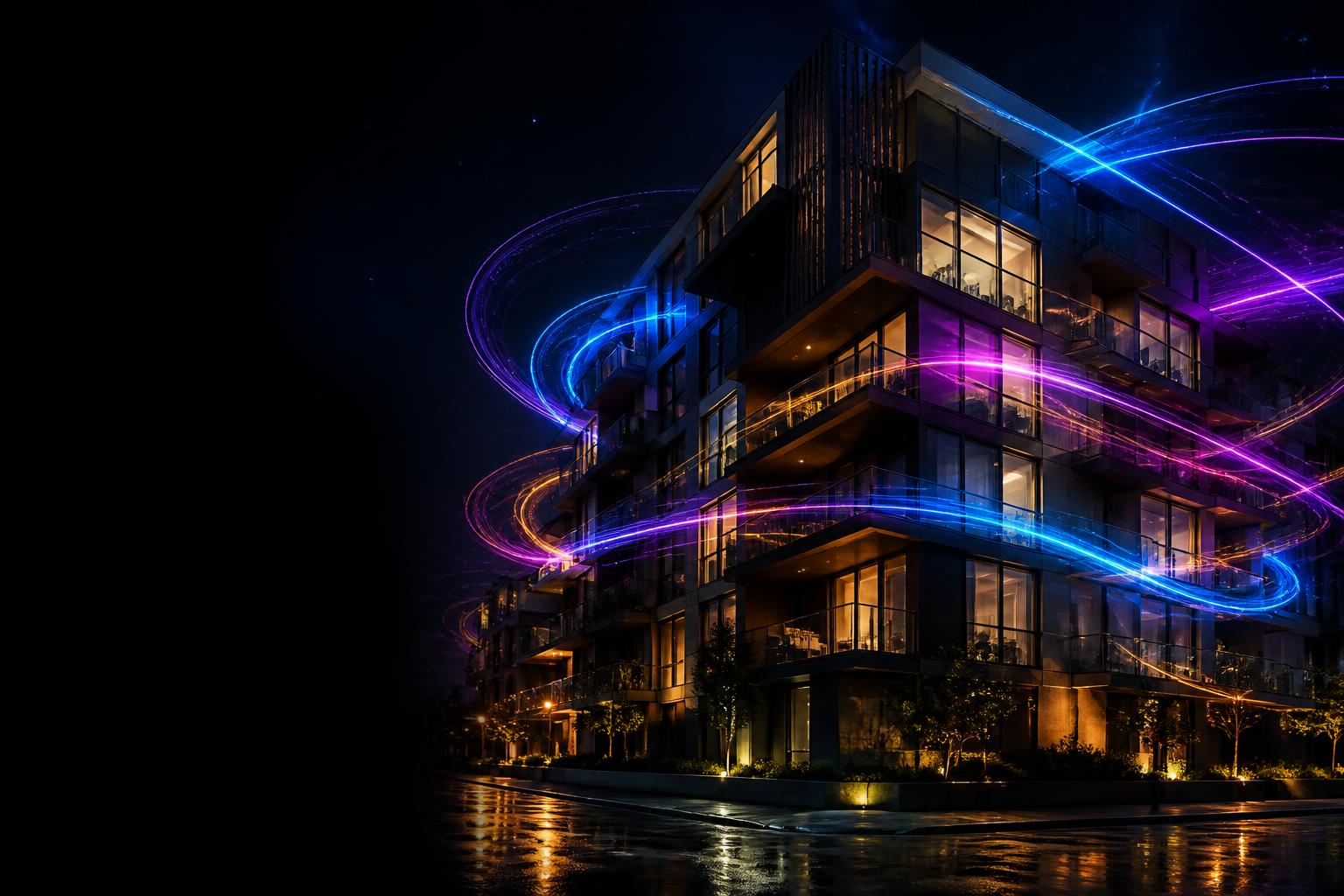Gece aydınlatılmış modern apartman binası